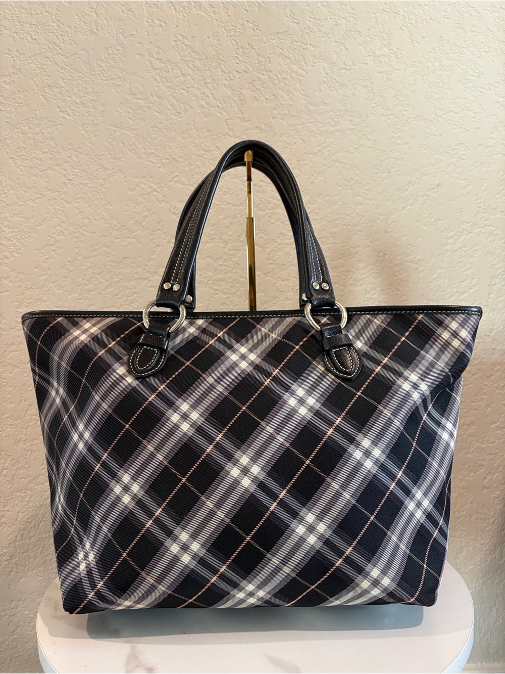 Burberry Black Plaid Tote Canvas Bag with Leather Handles